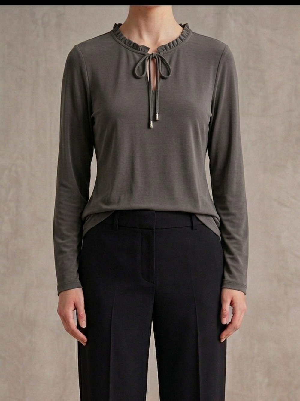 Calvin Klein Charcoal Ruffle Tie Blouse